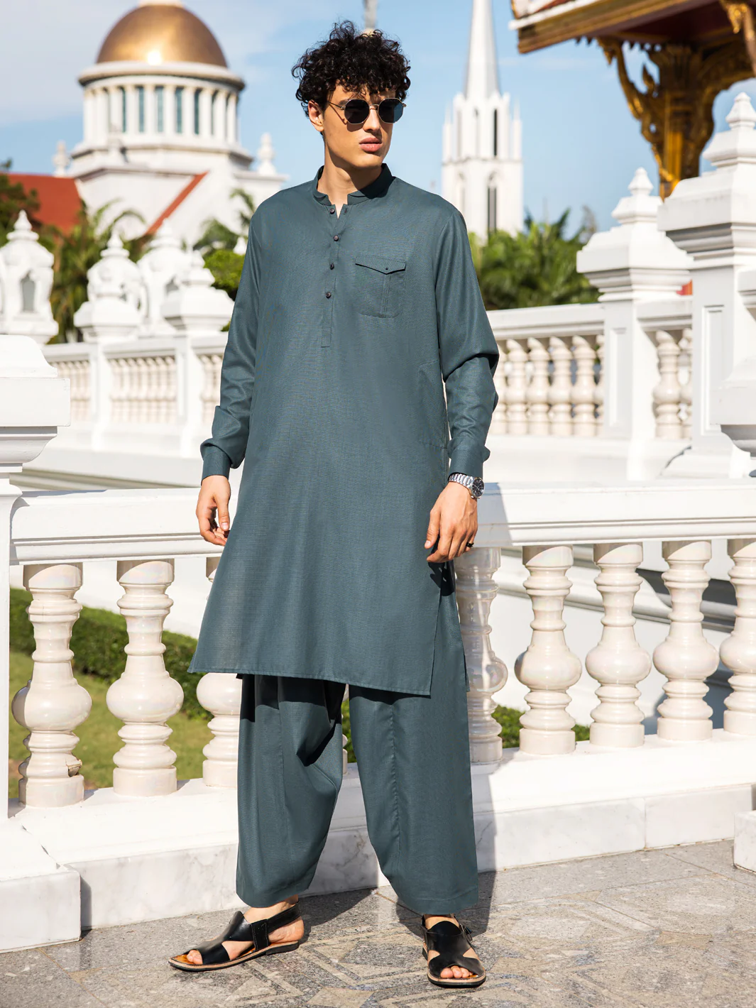 GREEN POLY VISCOSE YARN DYED KAMEEZ SHALWAR | AL-KS-2976/AM-8434D