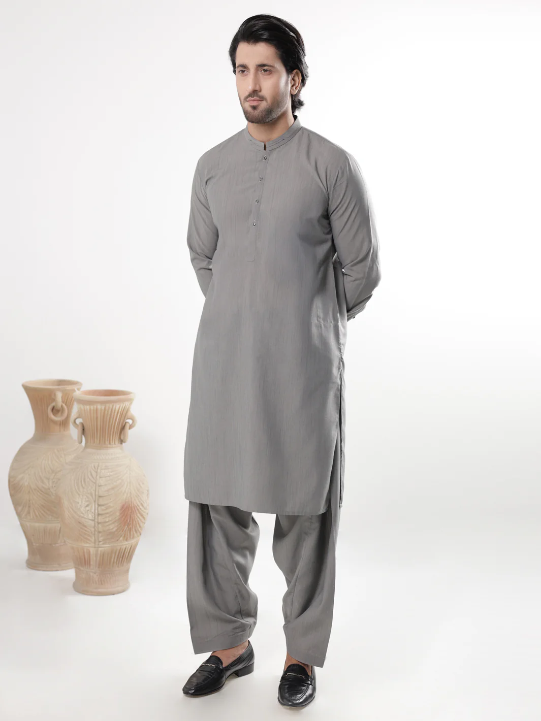 LIGHT GREY BLENDED KAMEEZ SHALWAR | AL-KS-3218/AM-6302D