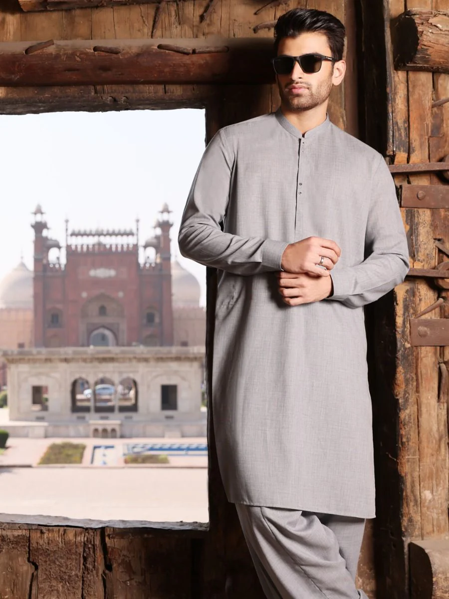LIGHT GREY VISCOSE KAMEEZ SHALWAR | AL-KS-US-2605 V-2 2021