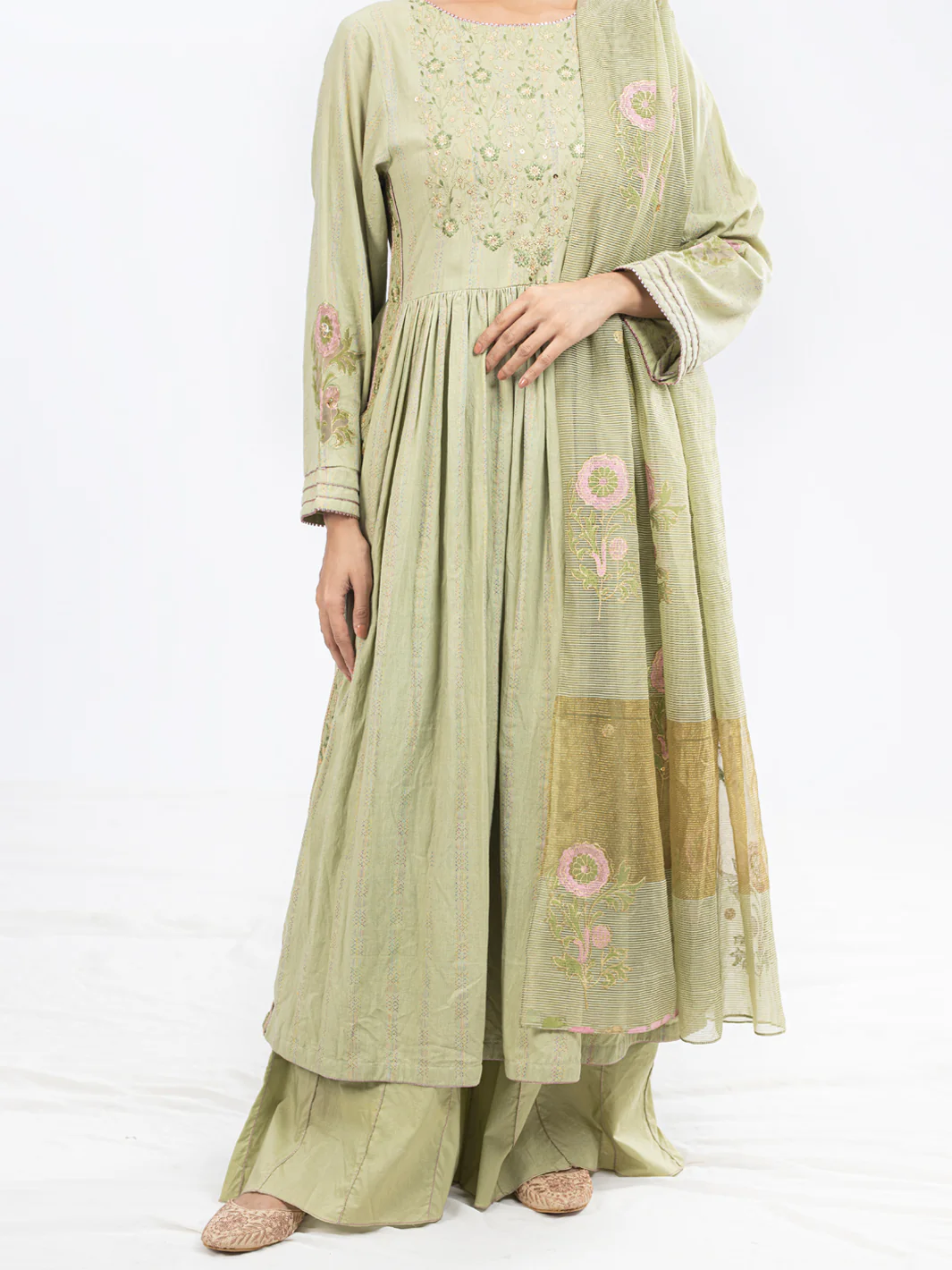 LIGHT GREEN STRIP JACQUARD 3PC UNSTITCHED | ALP-3PS-1803 AM-2883A