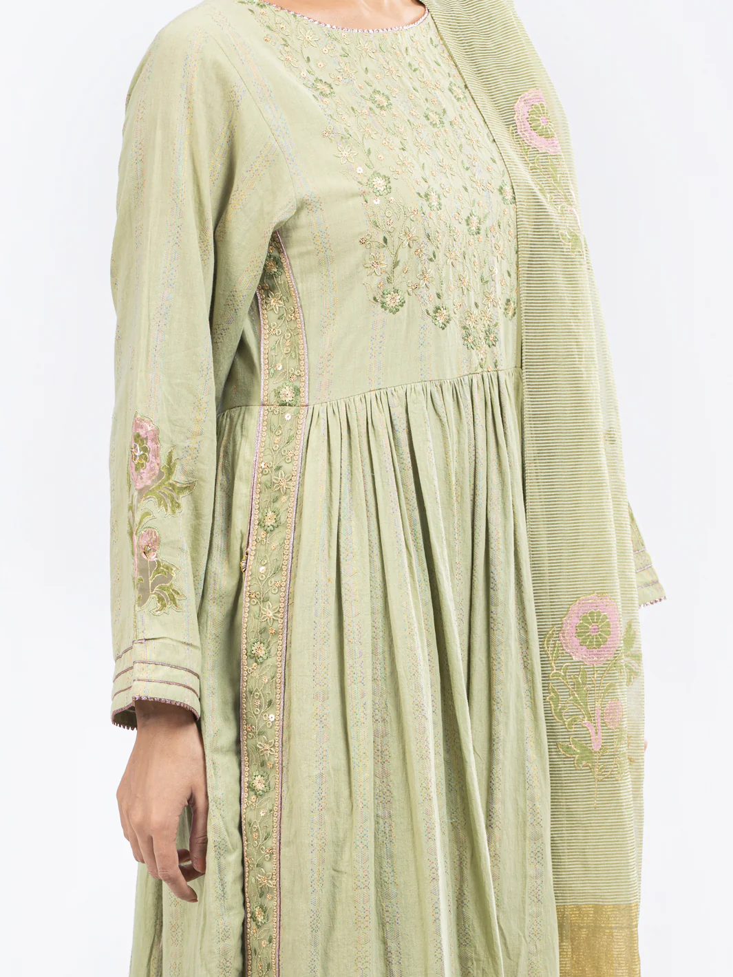 LIGHT GREEN STRIP JACQUARD 3PC UNSTITCHED | ALP-3PS-1803 AM-2883A - Image 3