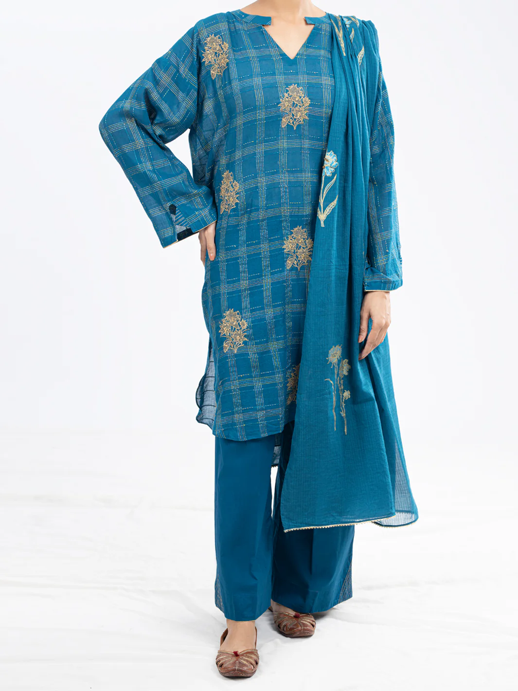 TEAL COTTON DOBBY 3PC UNSTITCHED | ALP-3PS-1804 AM-2901A