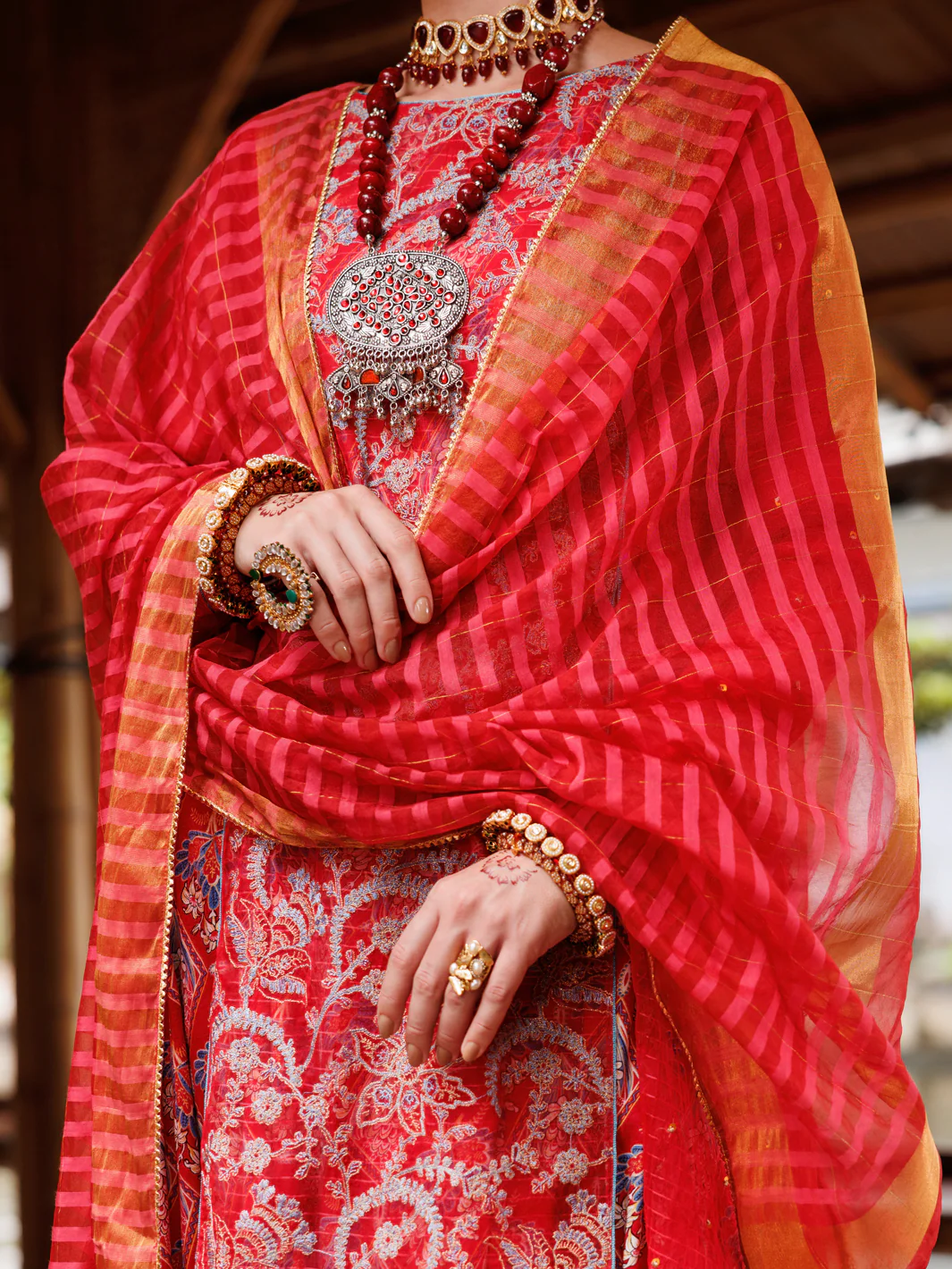 RED STRIP ORGANZA 3PC STITCHED | ALP-3PS-2025/S AM-3141A - Image 3