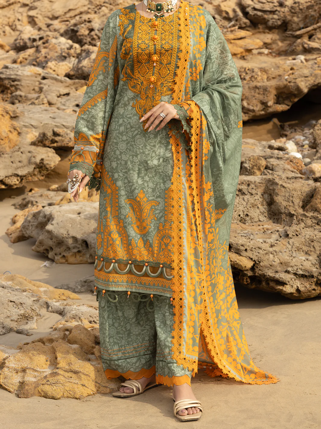 SAGE GREEN LAWN 3PC UNSTITCHED | ALP-3PS-2218 FB-2218A