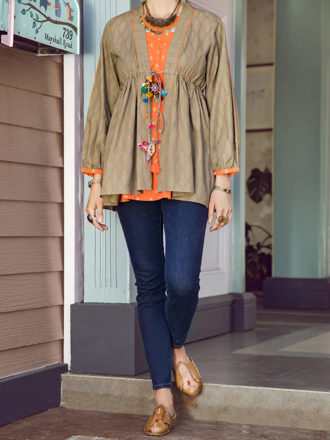 ARMY GREEN DOBBY NET KURTI | ALP-LK-US-1365/AM-2542A