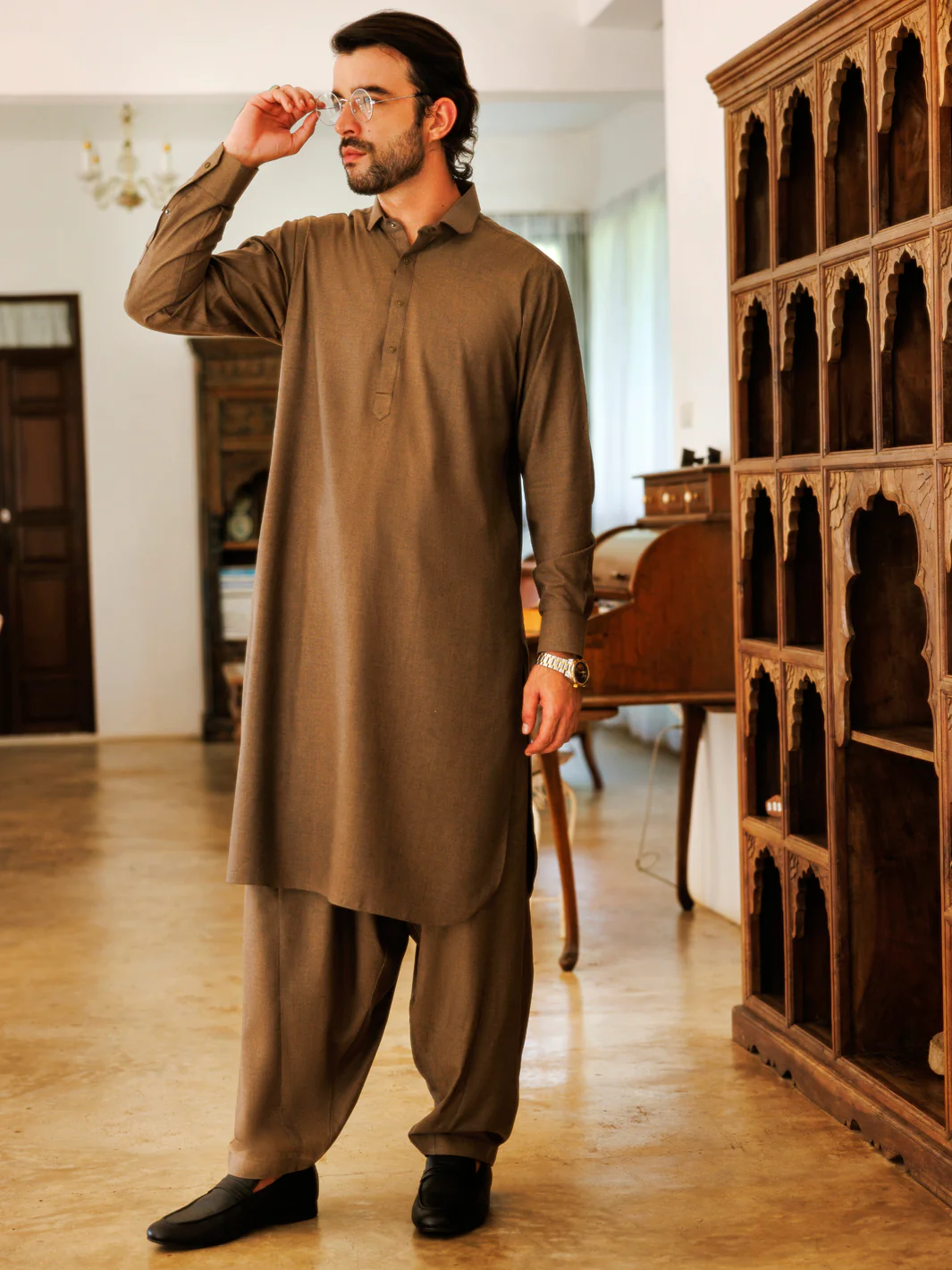 OLIVE GREEN BLENDED KAMEEZ SHALWAR | ALWA-KS-501/AM-6269A