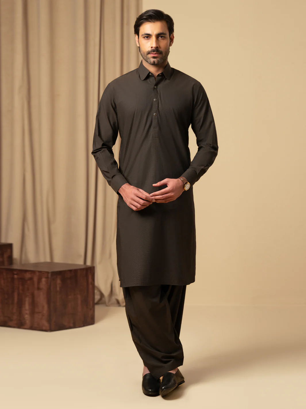 DARK BROWN COTTON KAMEEZ SHALWAR | ALWA-KS-587/AM-6345C