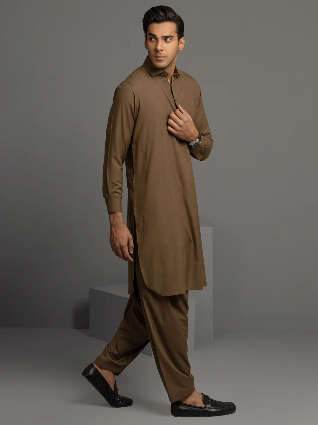 OLIVE BROWN VISCOSE KAMEEZ SHALWAR | ALWA-KS-US-340/AM-6002C