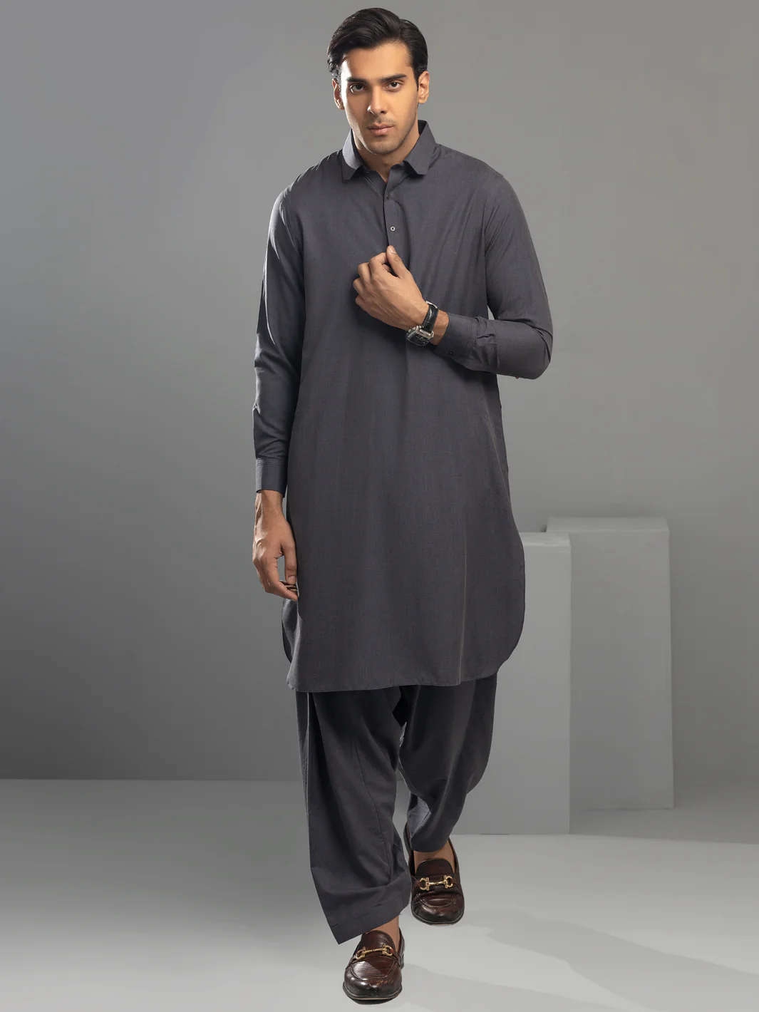 CHARCOAL GREY VISCOSE KAMEEZ SHALWAR | ALWA-KS-US-341/AM-6002D