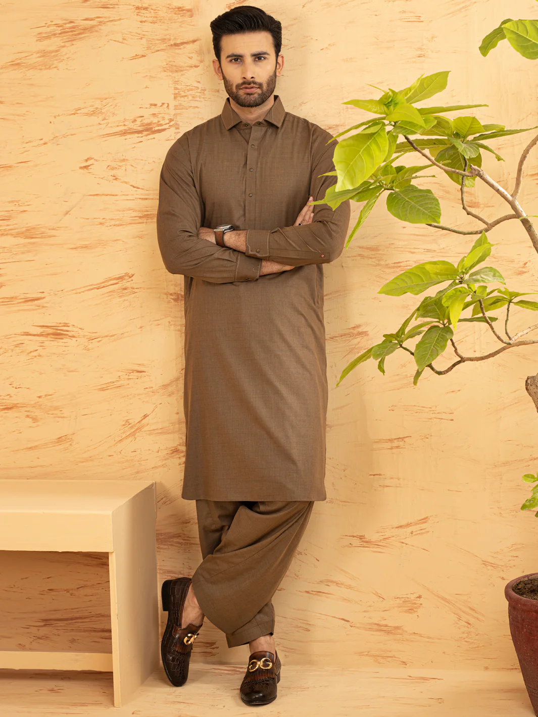 BROWN VISCOSE KAMEEZ SHALWAR | ALWA-KS-US-373/AM-6125D