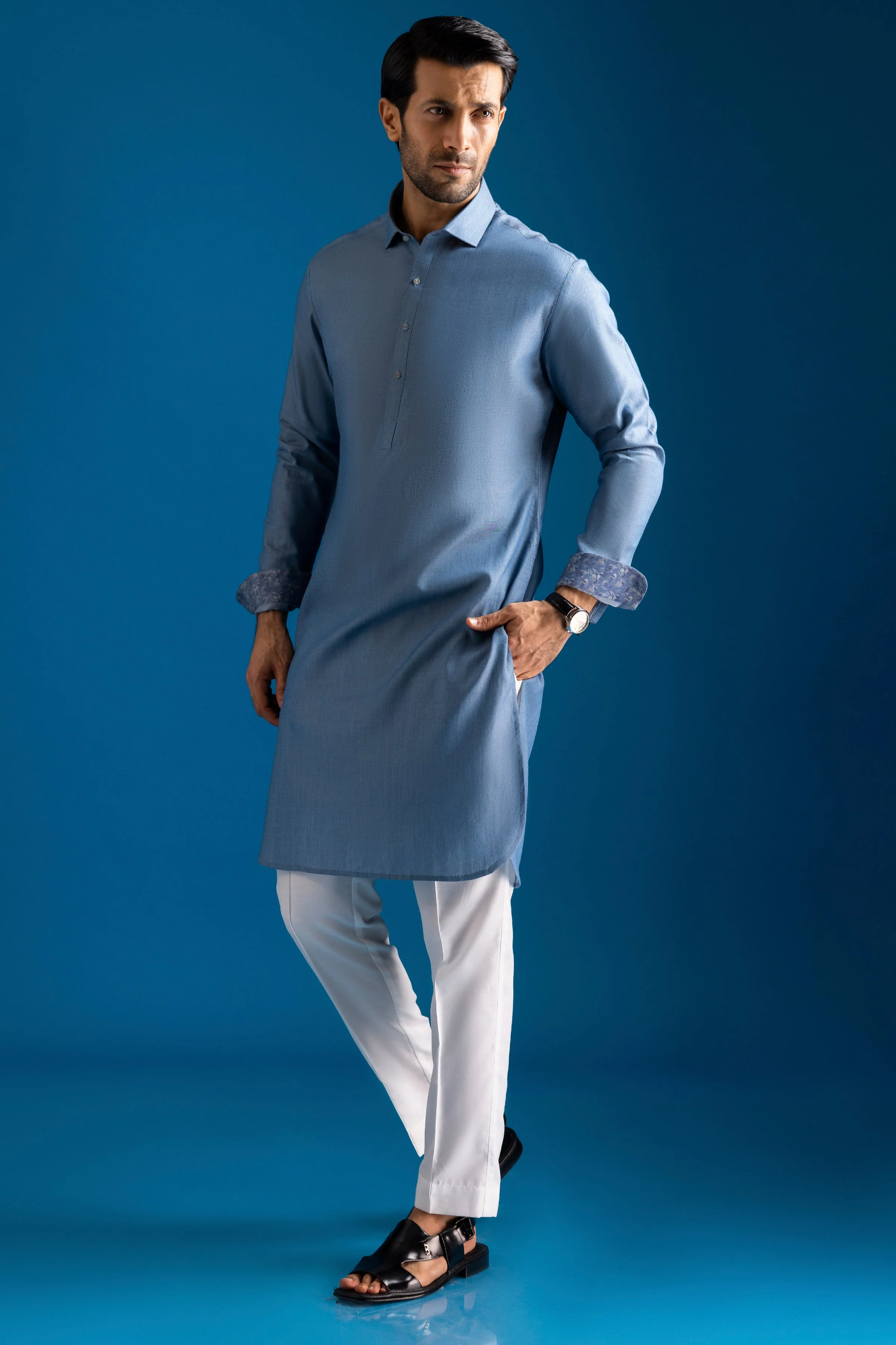 BLUE COTTON KURTA TROUSERS | CCMKT-S-39331-3/3 - NIMES