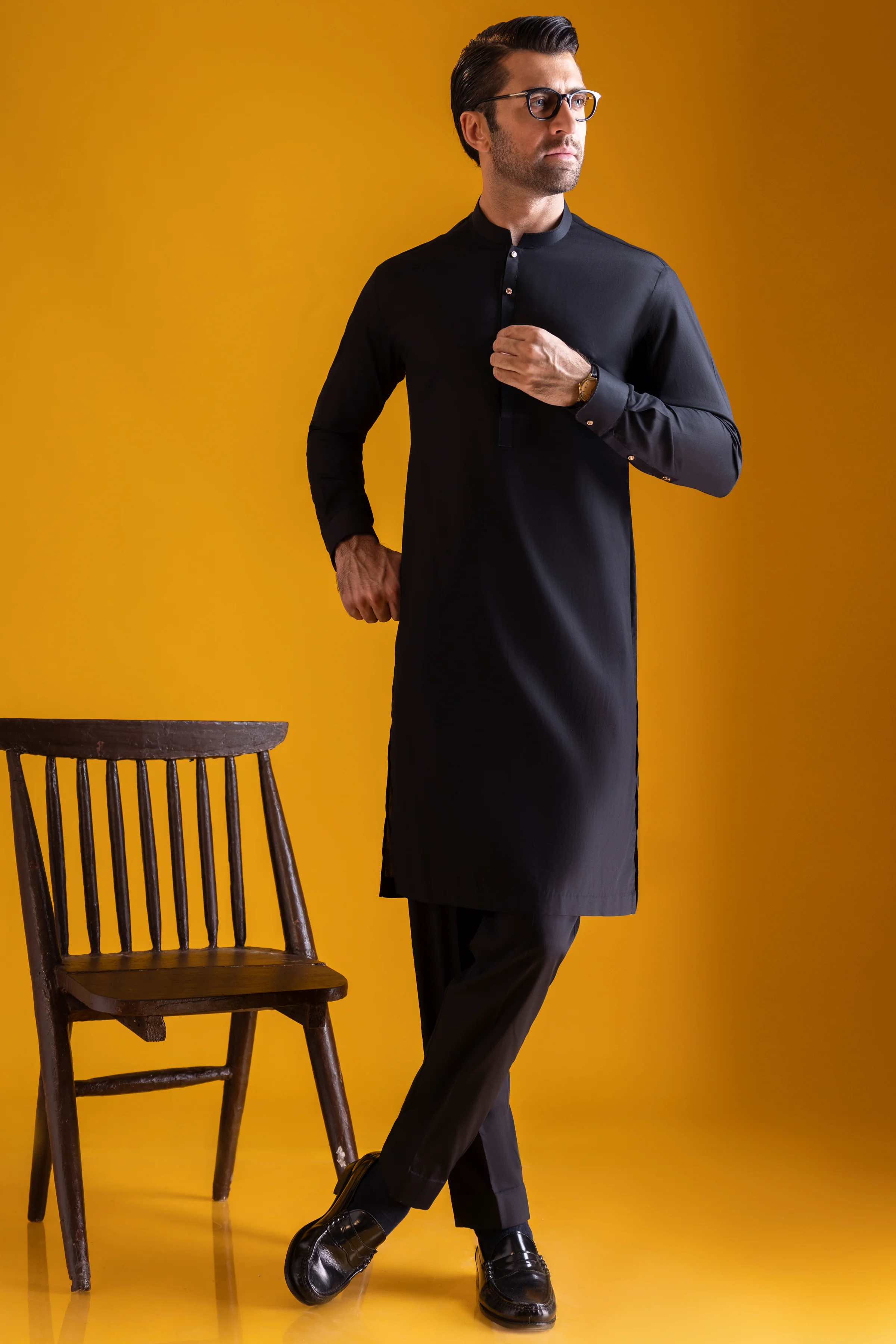 BLACK COTTON KURTA TROUSERS | CCMKT-S-US-39374-3/4 - ANDORRA