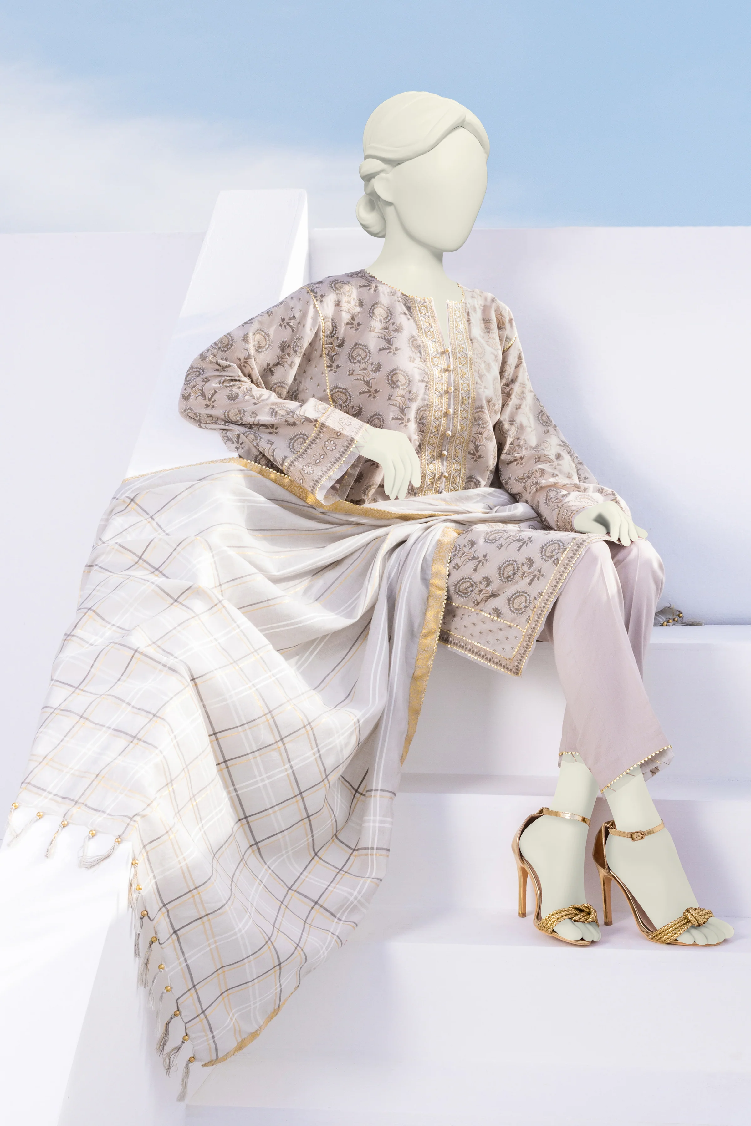 BEIGE LAWN 3PC STITCHED | CCW-3PSU-S-US-22-039/S FIROZA - Image 5