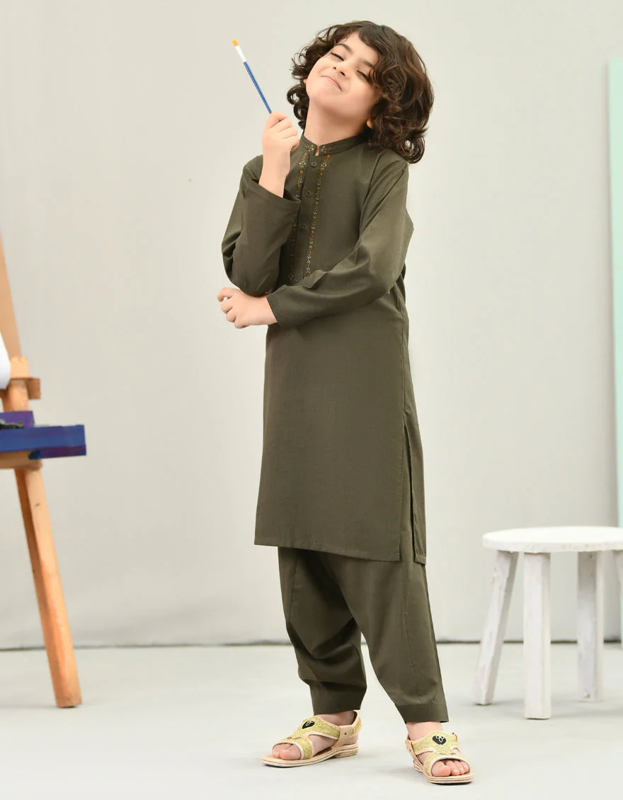 ARMY GREEN BLENDED KAMEEZ SHALWAR | JCKS-US-43160/A22/JJ8272-SF