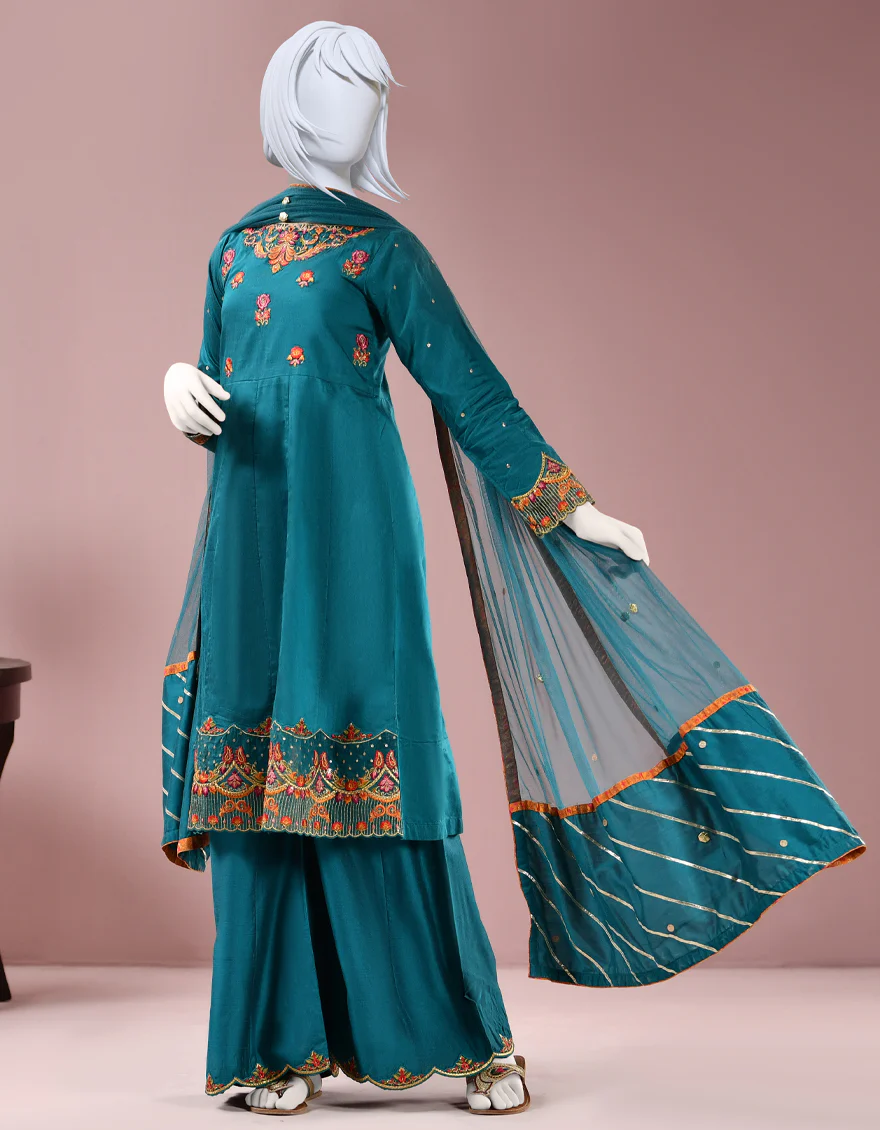 TEAL RAW SILK 3PC STITCHED | JGK-S-JJTS-US-22-038 FB/FF-035