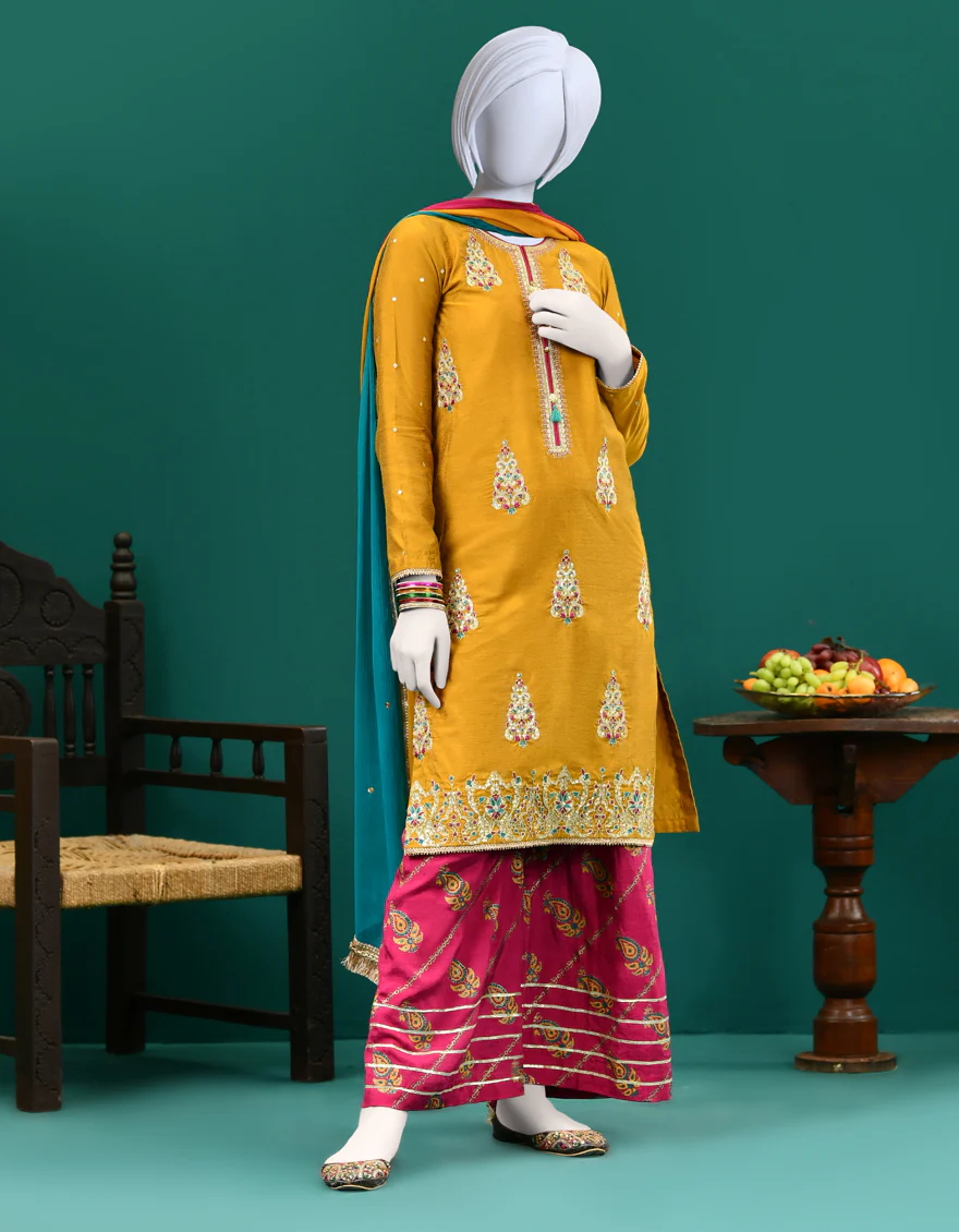 YELLOW RAW SILK 3PC STITCHED | JGK-S-JJTS-US-22-041 FB/FF-035