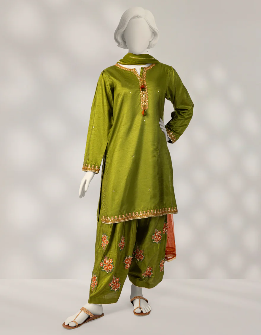 OLIVE RAW SILK 3PC STITCHED | JGK-W-JTF-25-772 FB/RANG-E-ZARI-08
