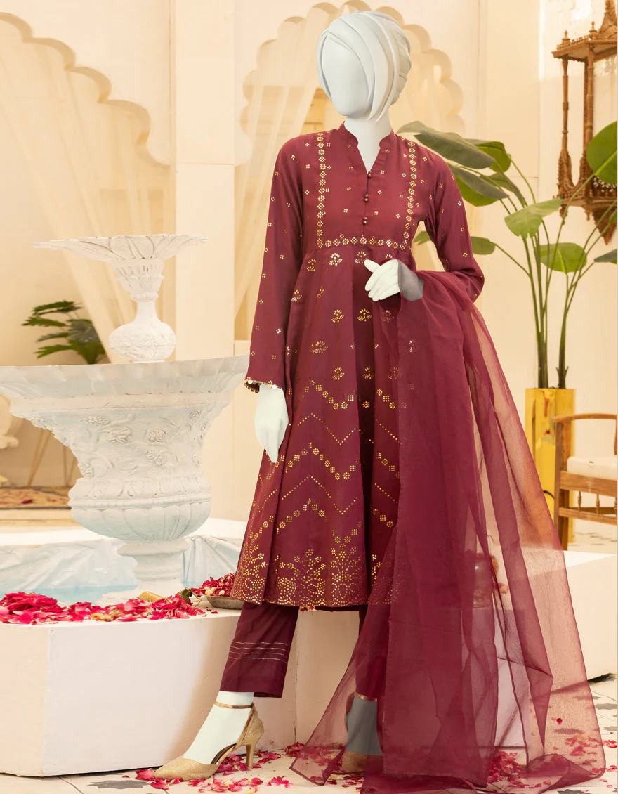 PLUM CHANDERI 3PC STITCHED | JGK-YGTL-S-US-612-22 FB/SURKH