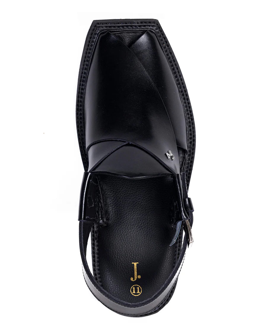 SHINY BLACK PLAIN PESHAWARI SANDALS | JJFW-JPC-041-PU/S25-