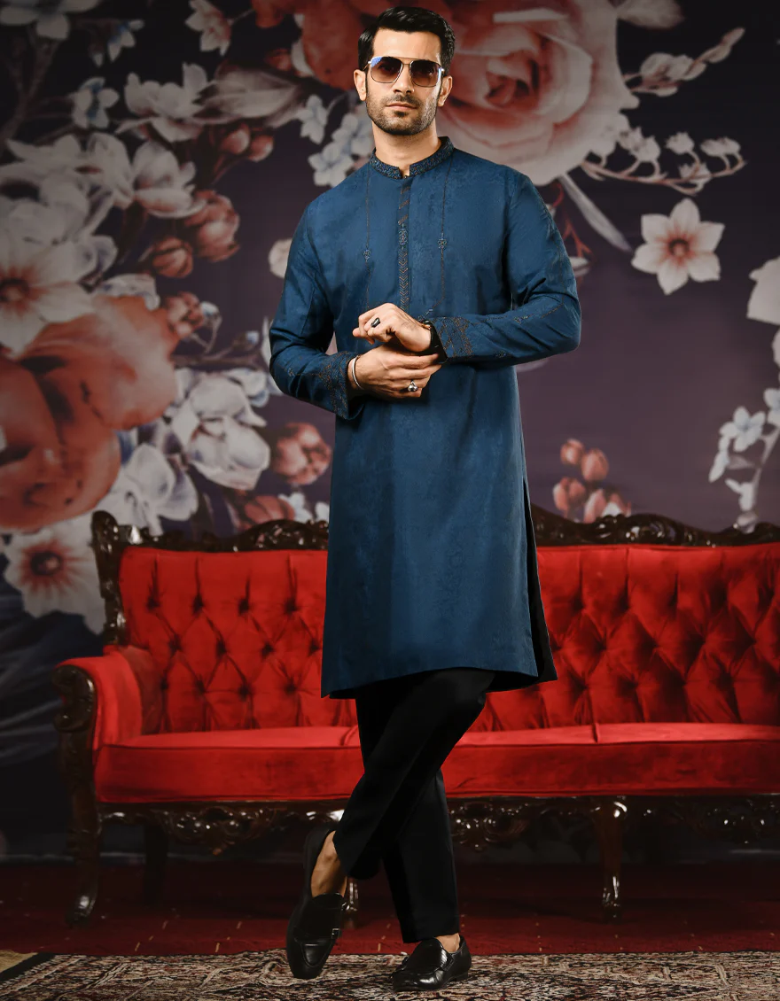 PEACOCK BLUE JAMAWAR KURTA | JJK-SP-US-37588/S22/JJ8116-FL