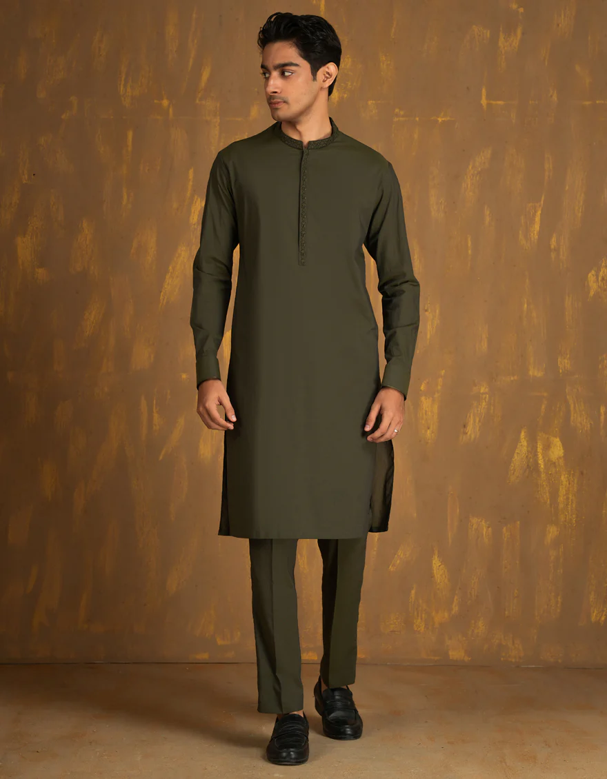 MEHNDI GREEN COTTON KURTA TROUSERS | JJKP-A-33080/S24/JJ8795-SF