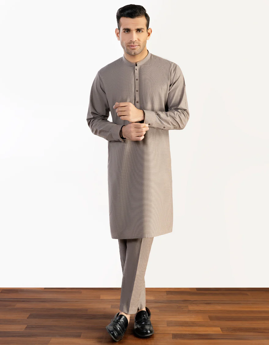 HATCHED BROWN COTTON KURTA TROUSERS | JJKP-S-US-47012/S23/JJ8942-CL
