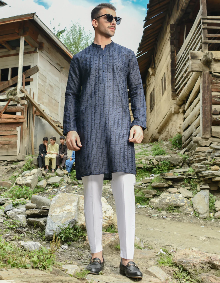 NAVY BLUE BLENDED KURTA TROUSERS | JJKP-US-44185/A22/JJ8427-CL