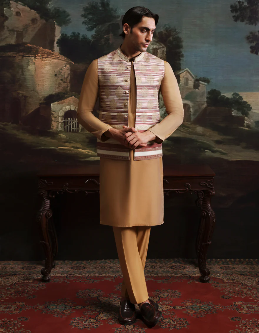 GOLD BLENDED KURTA TROUSERS & WAISTCOAT | JJKPVC-A-48259/S25/JJ10141-FL