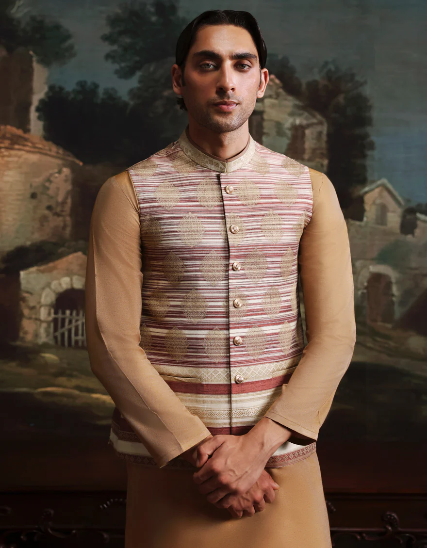 GOLD BLENDED KURTA TROUSERS & WAISTCOAT | JJKPVC-A-48259/S25/JJ10141-FL - Image 2