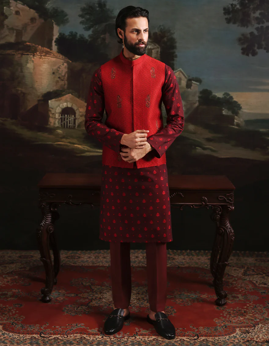 RED POLY-COTTON KURTA TROUSERS & WAISTCOAT | JJKPVC-A-48264/S25/JJ10140-FL
