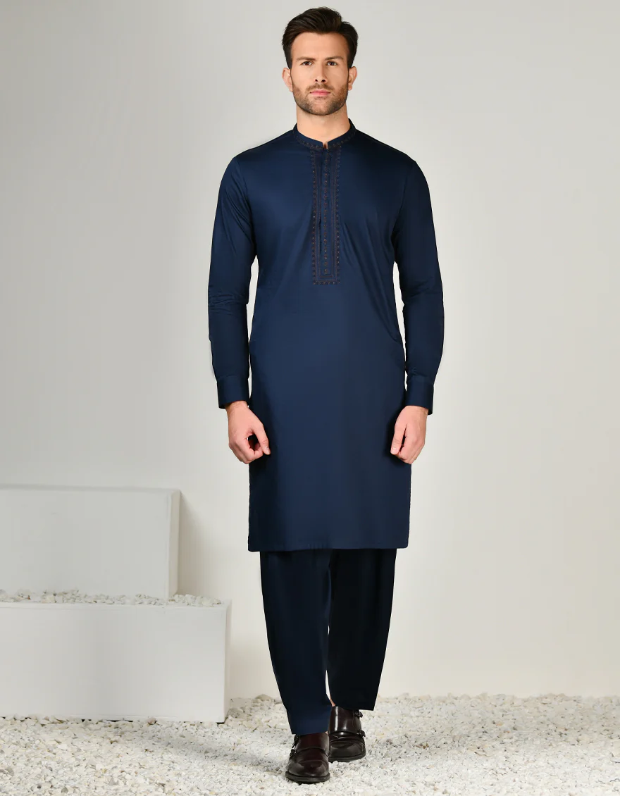 NAVY BLUE COTTON KAMEEZ SHALWAR | JJKS-A-33004/S24/JJ9149-FL