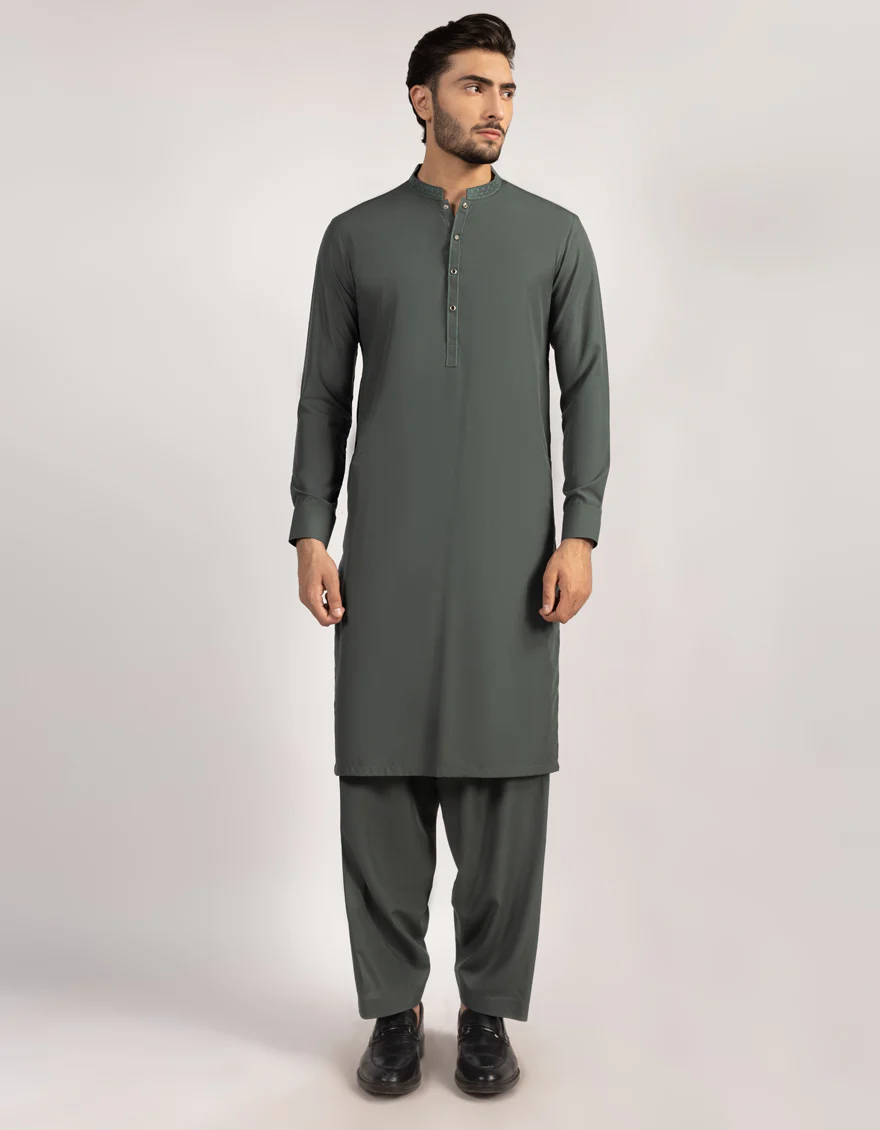 DULL GREEN BLENDED KAMEEZ SHALWAR | JJKS-A-33532/S25/JJ9843-SF