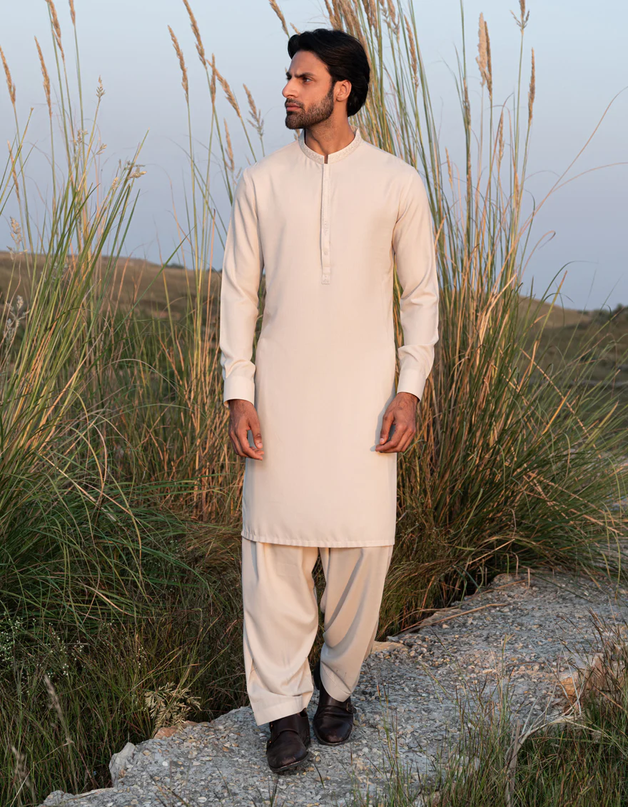 LIGHT BEIGE BLENDED KAMEEZ SHALWAR | JJKS-A-47341/S24/JJ9922-SF