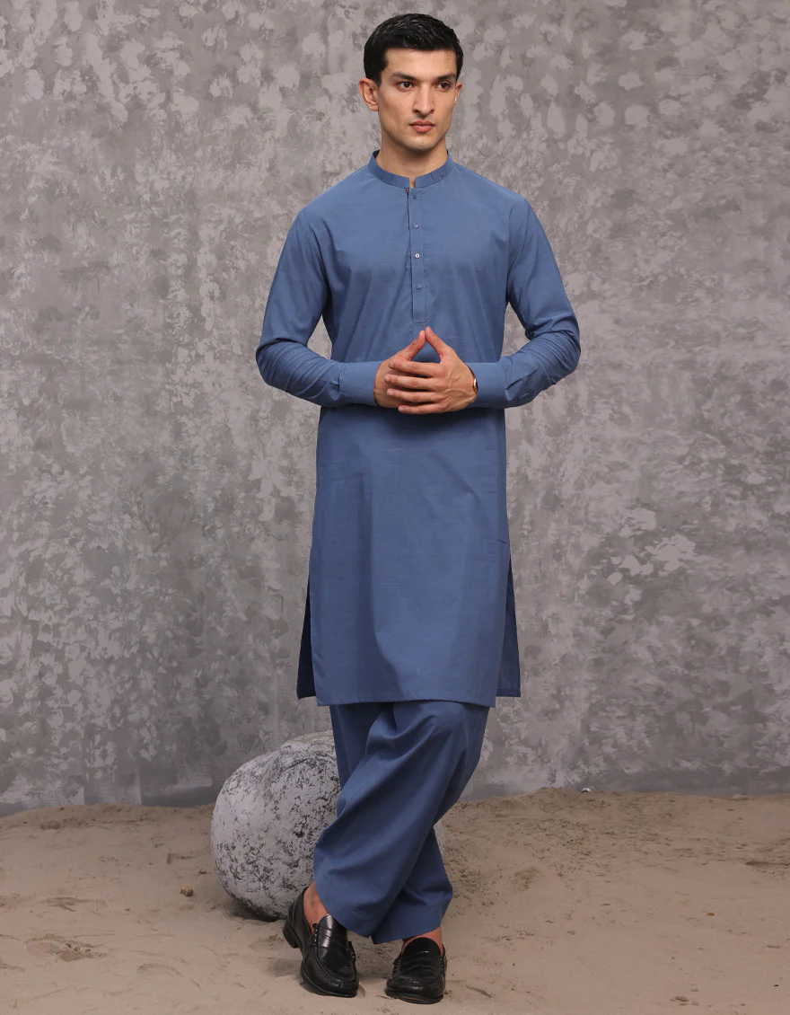 DULL BLUE COTTON KAMEEZ SHALWAR | JJKS-S-32960/S24/JJ9304-CL
