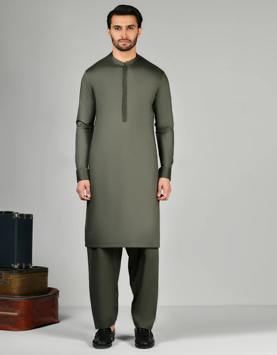 OLIVE GREEN COTTON KAMEEZ SHALWAR | JJKS-S-37815/S24/JJ8938-SF