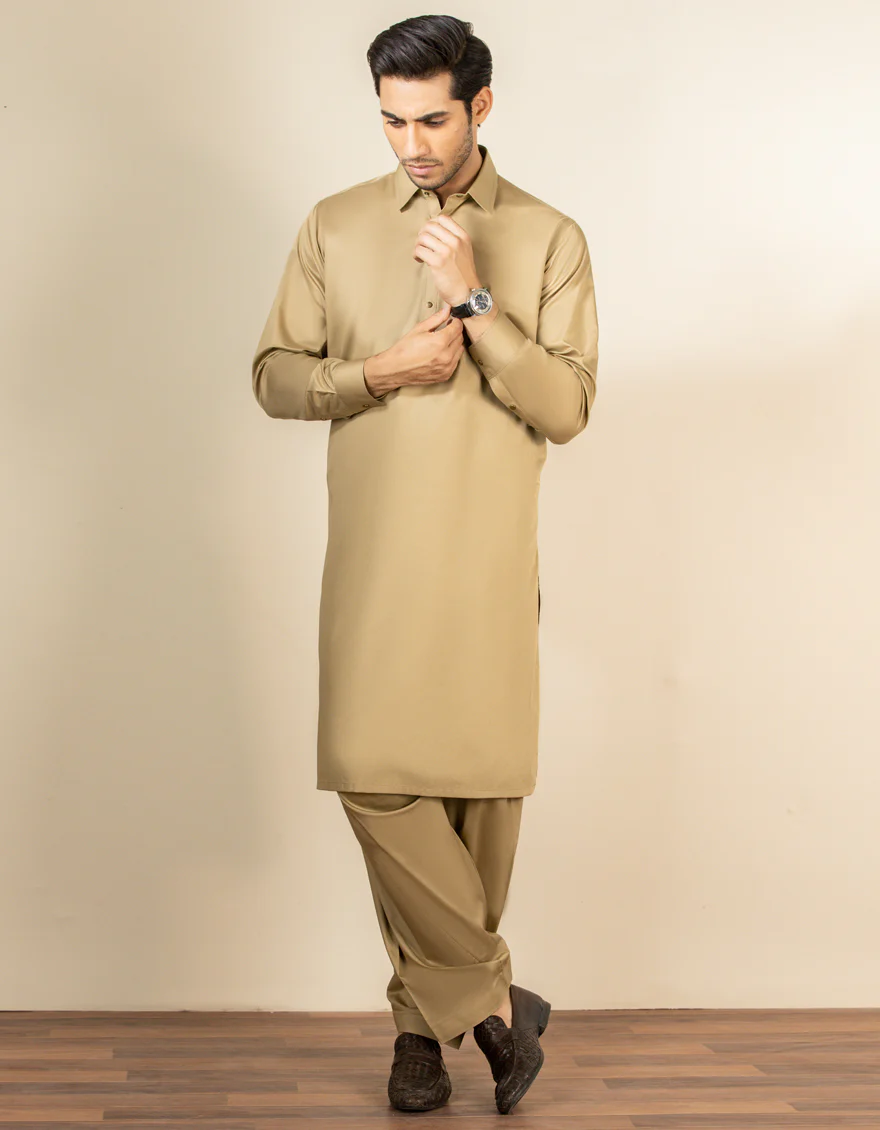 KHAKI COTTON KAMEEZ SHALWAR | JJKS-S-US-32556/S22/JJ7544-EX