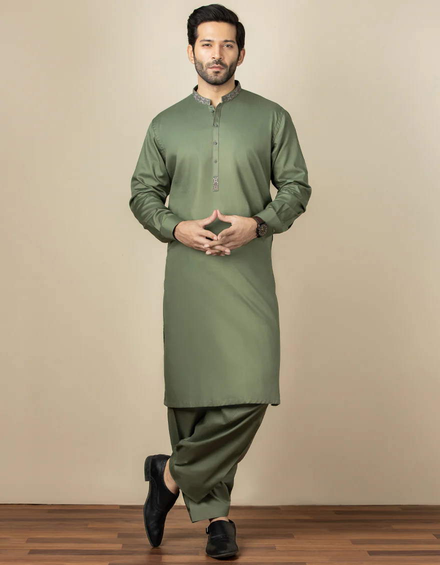 ARMY GREEN COTTON KAMEEZ SHALWAR | JJKS-S-US-34169/S22/JJ8153-SF