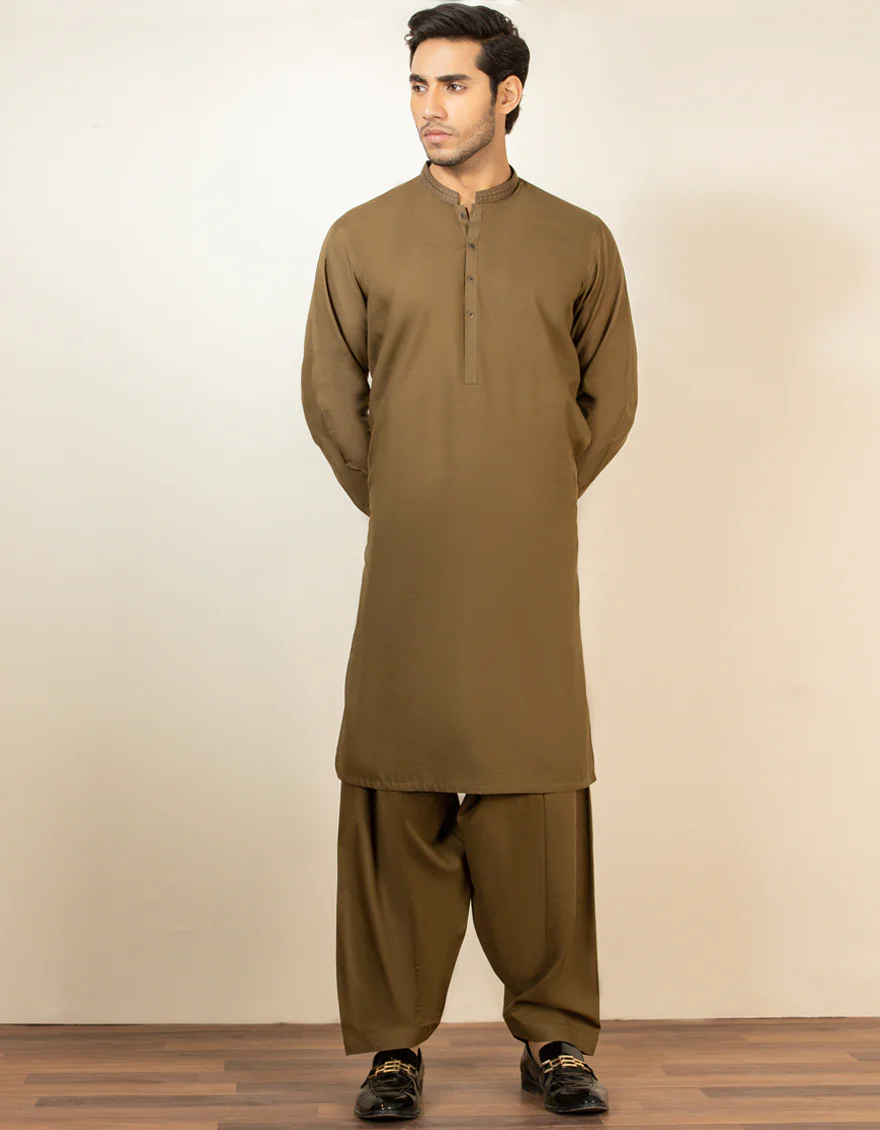 OLIVE GREEN BLENDED KAMEEZ SHALWAR | JJKS-S-US-34185/S22/JJ7619-CL