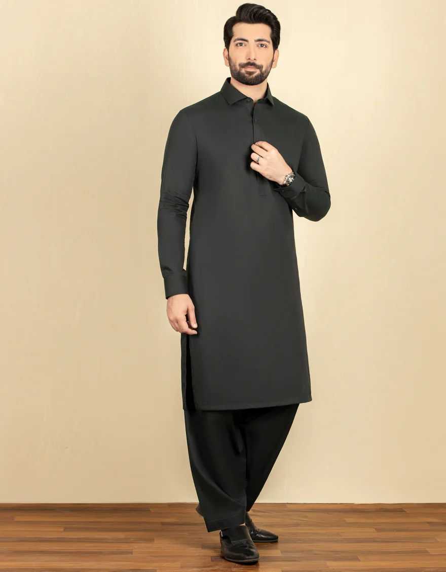 DEEP GREEN COTTON KAMEEZ SHALWAR | JJKS-S-US-34225/S22/JJ8250-EX
