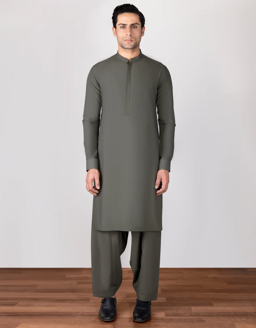 ARMY GREEN BLENDED KAMEEZ SHALWAR | JJKS-S-US-37680/S23/JJ8145-SF