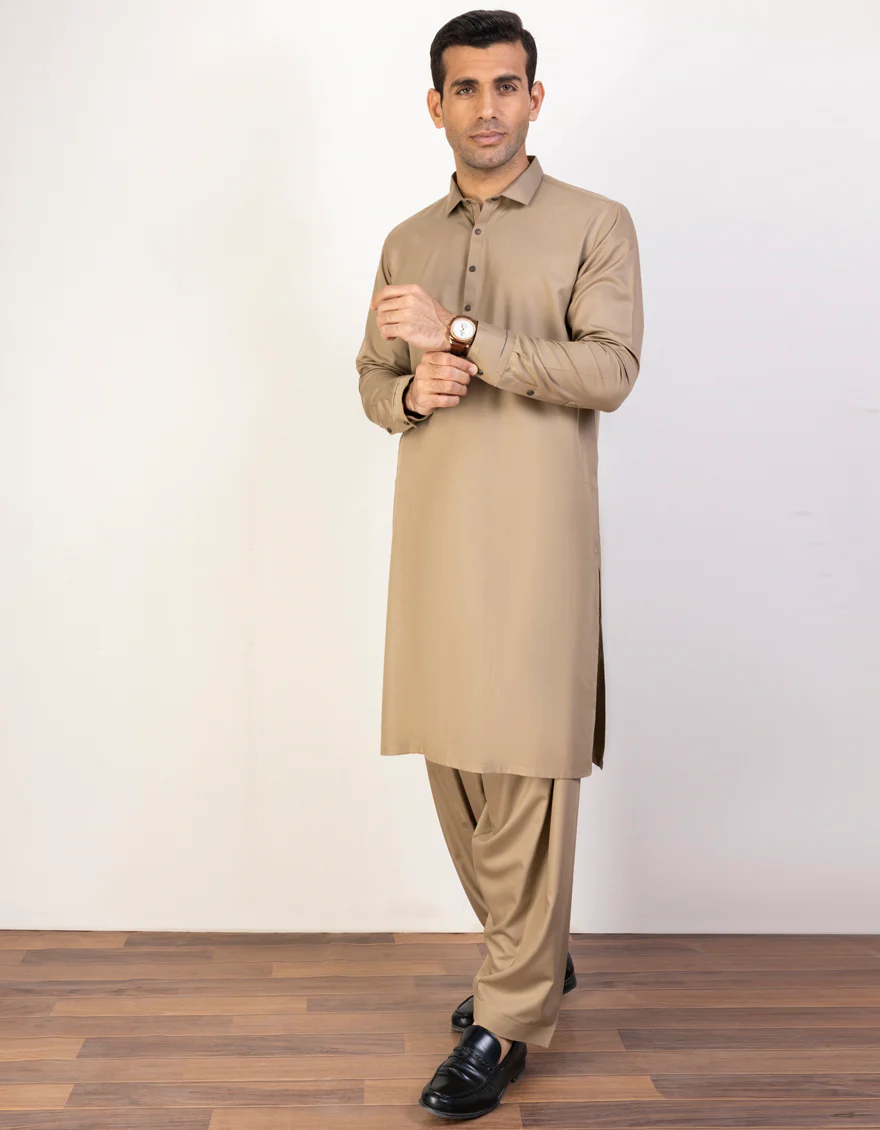 KHAKI BLENDED KAMEEZ SHALWAR | JJKS-US-44212/A23/JJ8821-PN