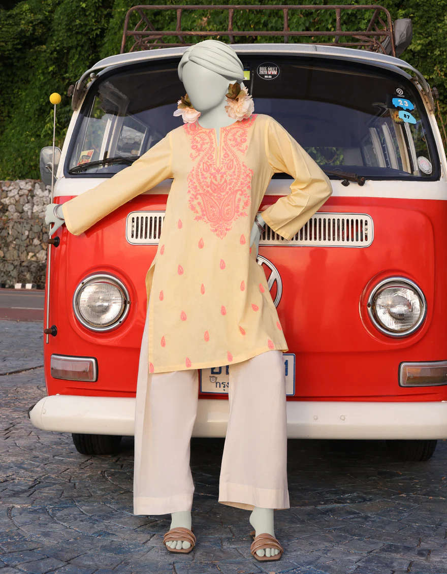 YELLOW LAWN KURTI | JJLK-S-JSS-25-349 FB/CHIKAN KARI NEON-01