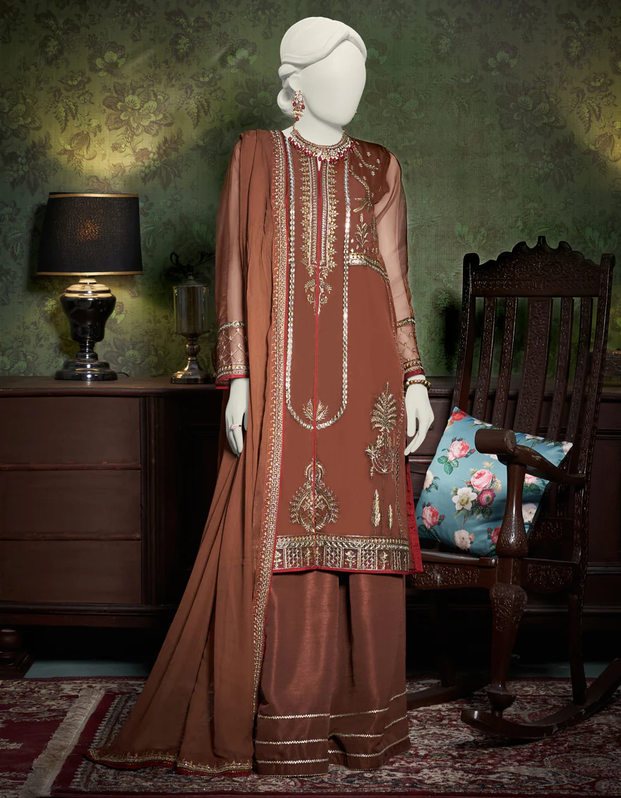 BROWN LAWN 3PC UNSTITCHED | JJLS-W-JFU-US-23-714 FB/HF-181