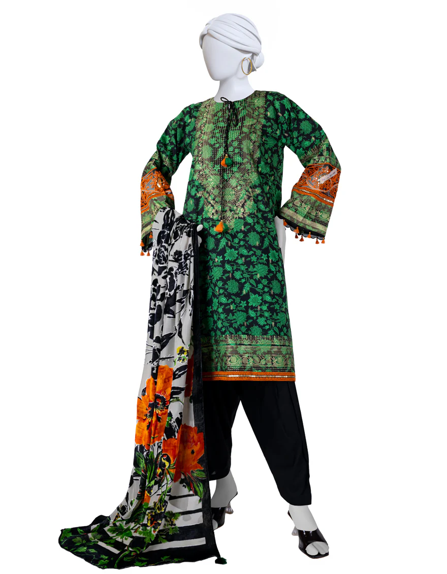 GREEN JACQUARD 3PC UNSTITCHED | JJLS-W-JW-24-1717 FB/GOLD FLORA-2