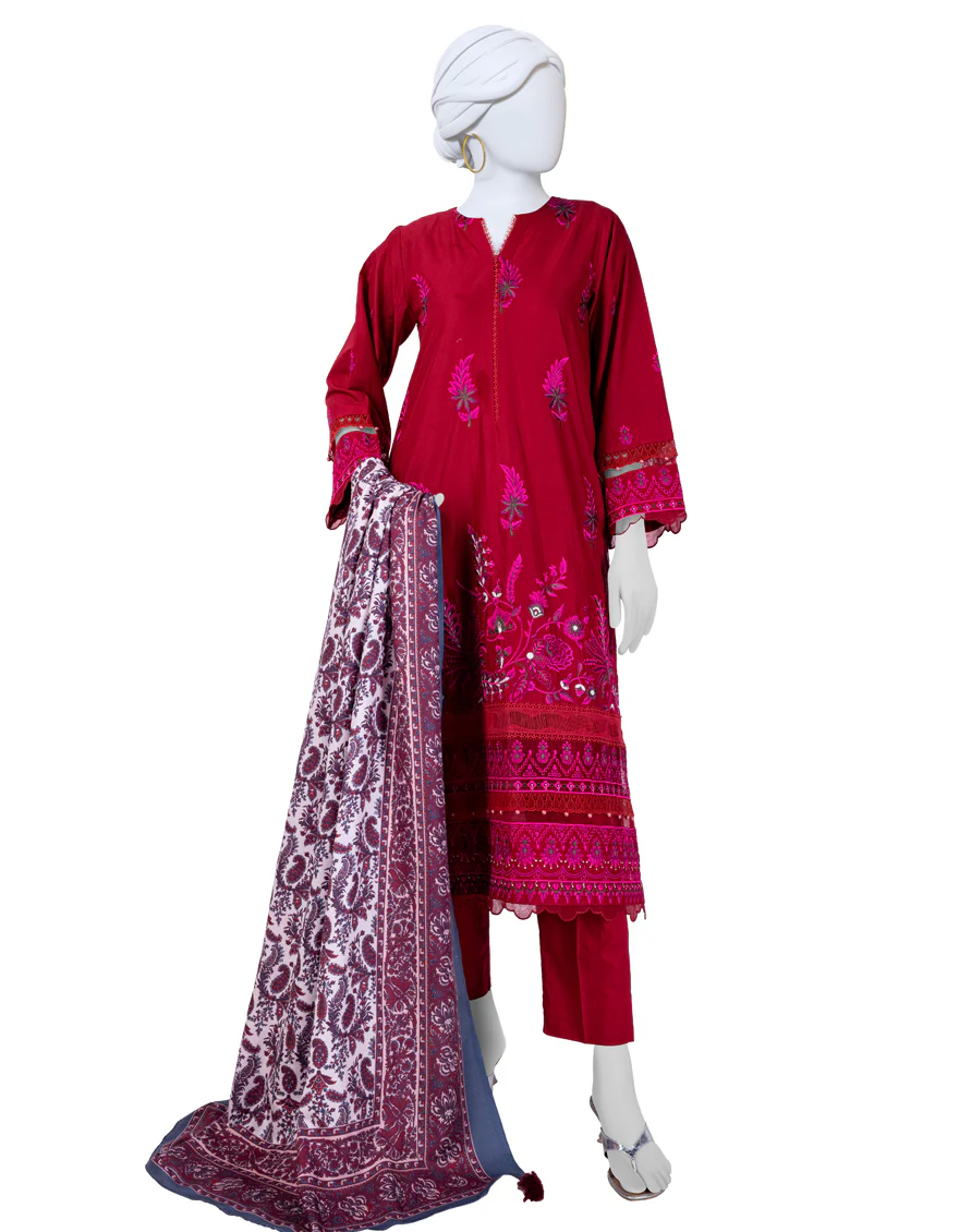 RED CAMBRIC 3PC UNSTITCHED | JJLS-W-JW-24-1737 FB/LUXE-A-2