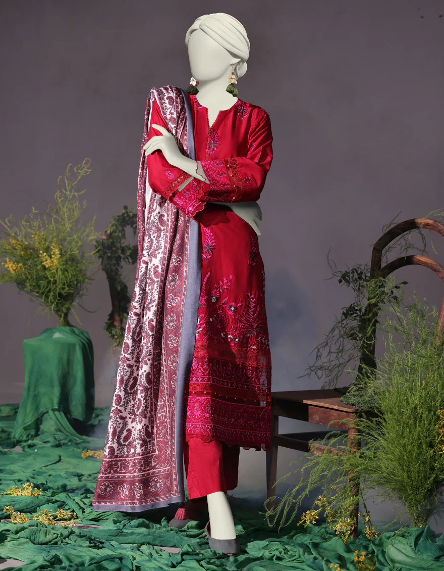 RED CAMBRIC 3PC UNSTITCHED | JJLS-W-JW-24-1740 FB/LUXE-A-5