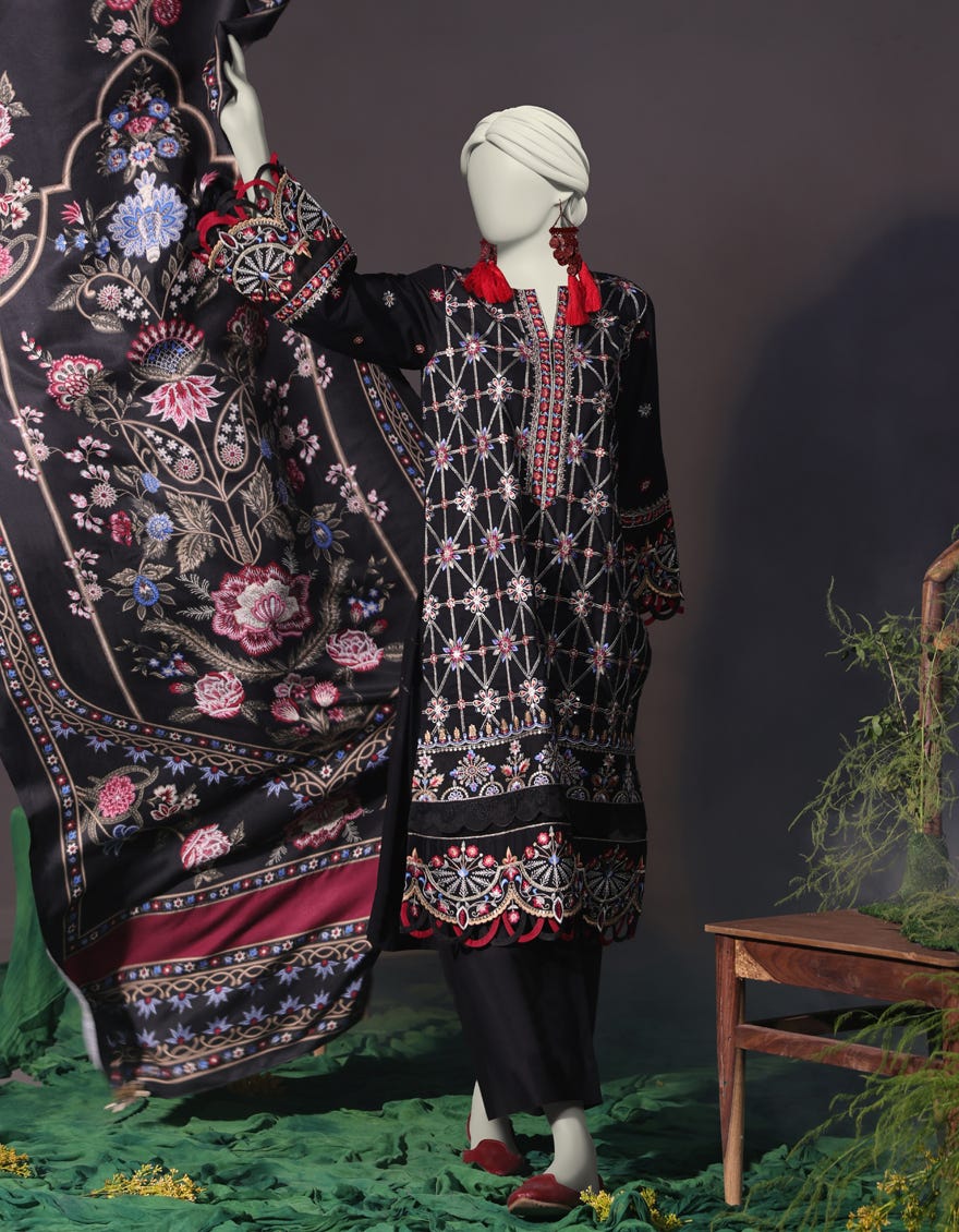 BLACK CAMBRIC 3PC UNSTITCHED | JJLS-W-JW-24-1742 FB/LUXE-07