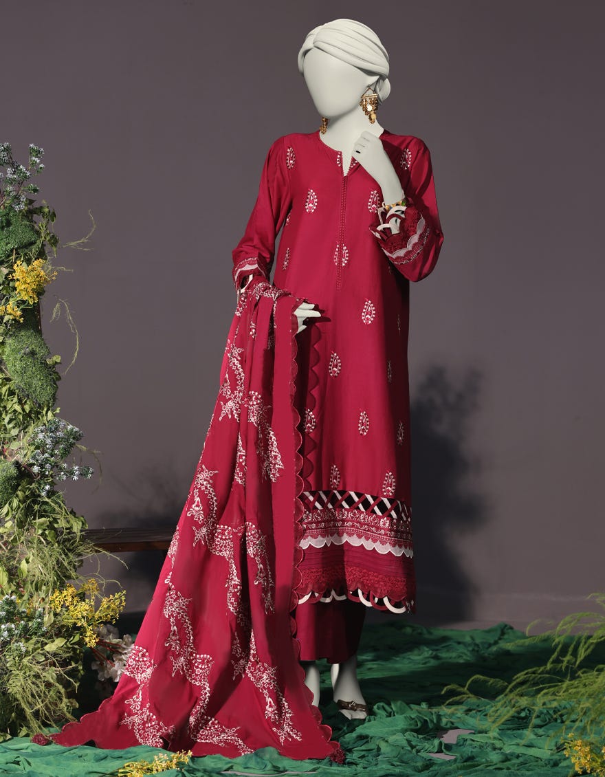 RED CAMBRIC 3PC UNSTITCHED | JJLS-W-JW-24-1745 FB/LUXE-B-02