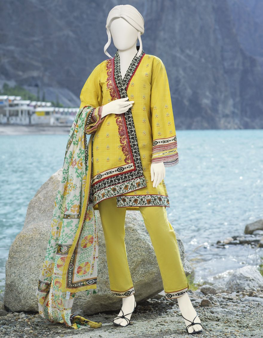 YELLOW CAMBRIC 3PC UNSTITCHED | JJLS-W-JW-US-21-1745 FB/OLIVE