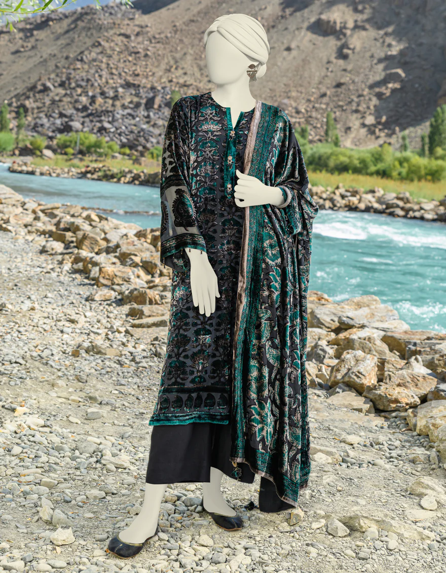 GREEN-BLACK PALACHI 3PC UNSTITCHED | JJLS-W-JW-US-23-1756 FB/VELVETEEN-04